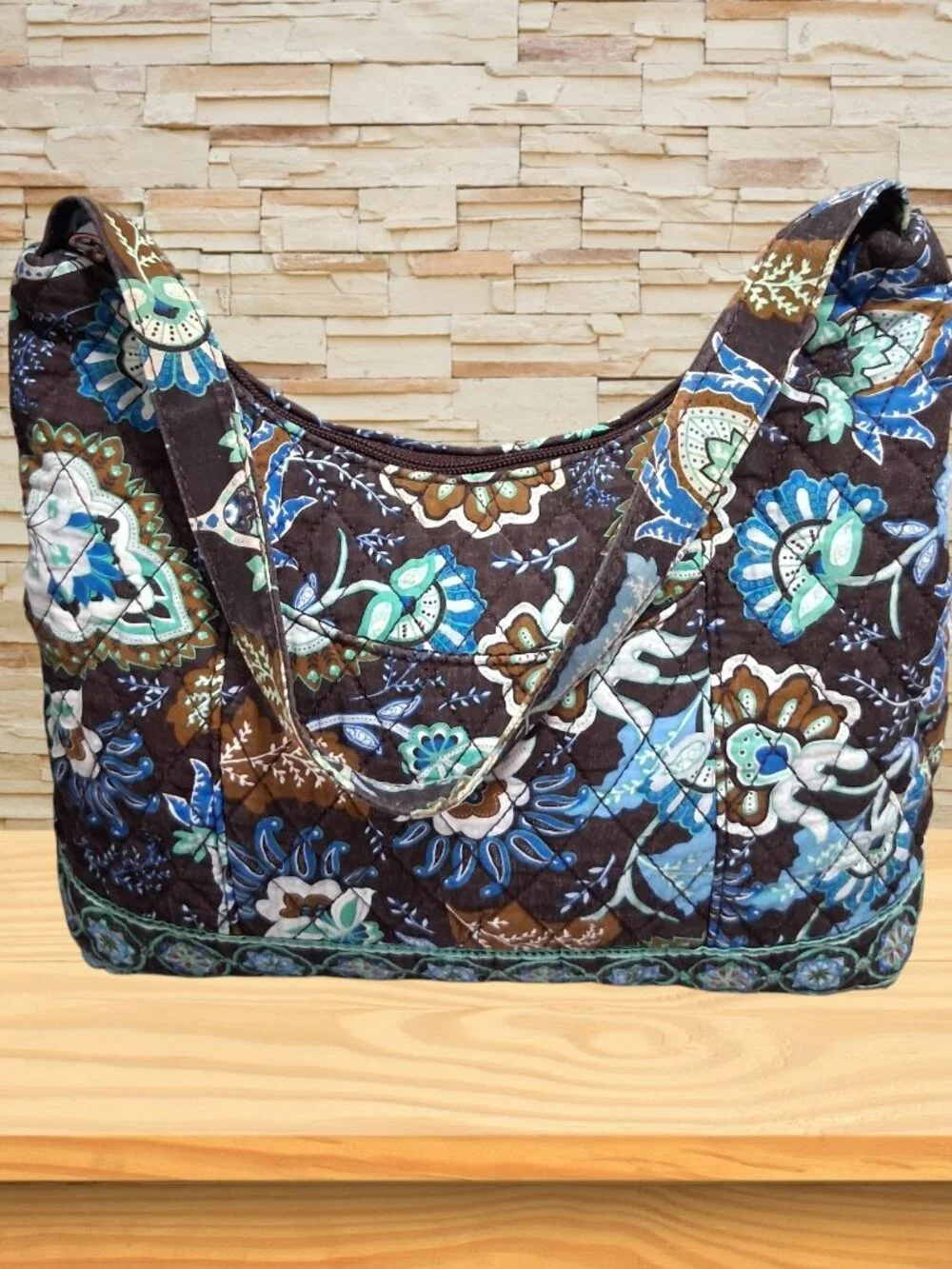 Blue & Brown Floral Quilted Handbag Purse – Classic Print, Good Condition